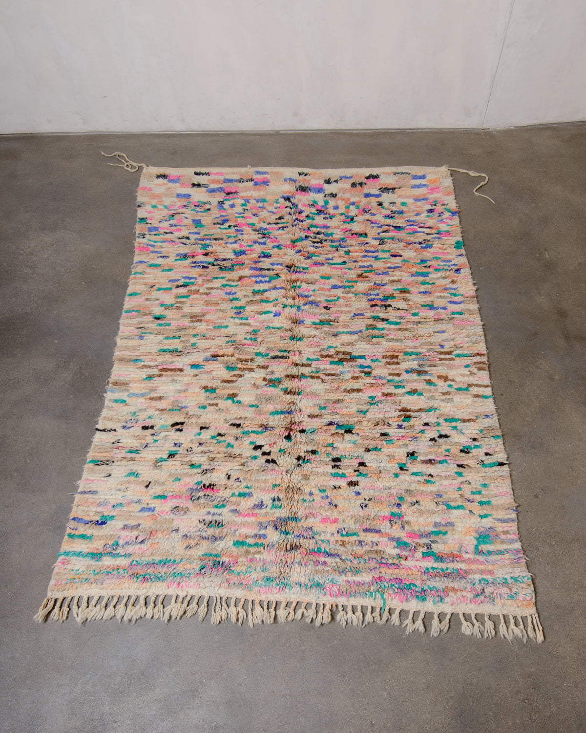 Modern, designer, handcrafted Berber rug from Morocco. Vintage carpet with beautiful colours and patterns and fluffy texture.